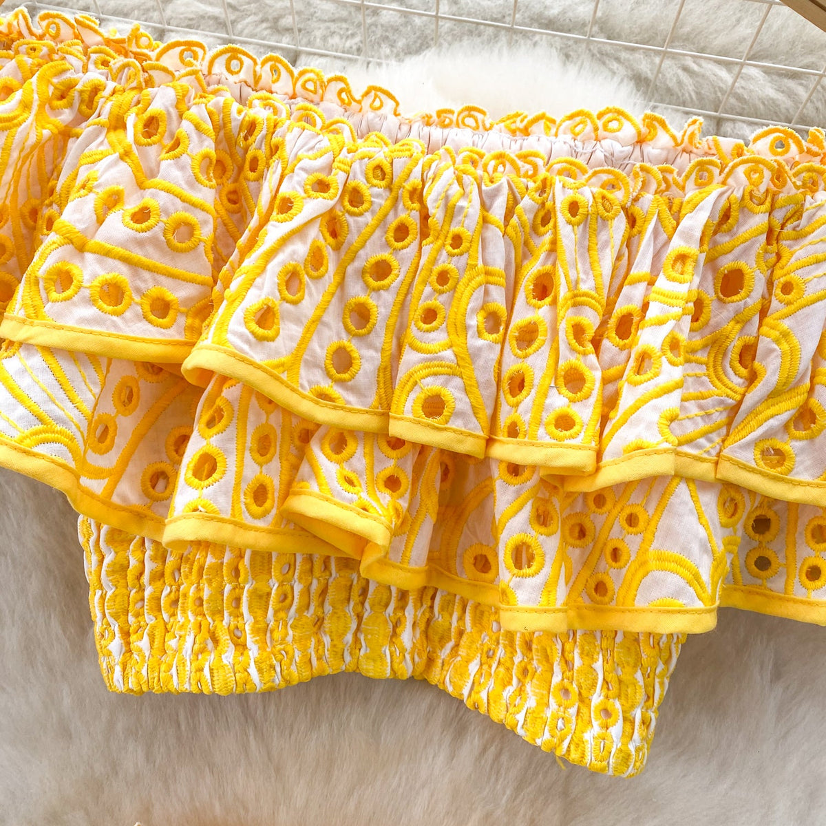 Ruffled Top&Skirt Hollowed Embroidered 2Pcs