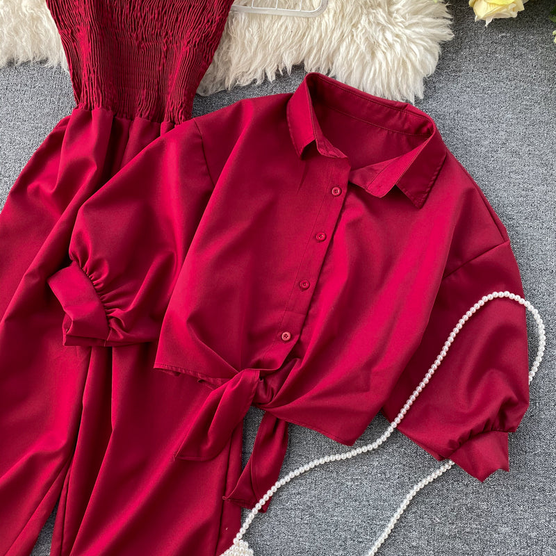 Stand-collar Cardigan&Jumpsuit 2pcs