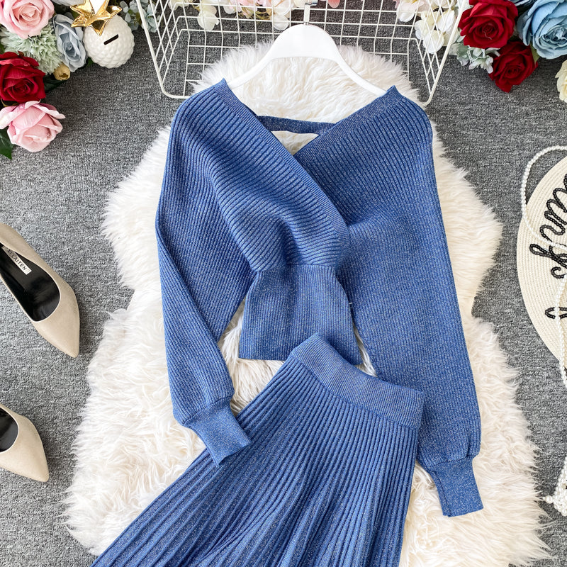Two-piece Bright Silk Knitted Sweater + Skirt