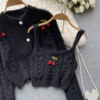 Cherry Knitted Cardigan&Camisole 2Pcs Set