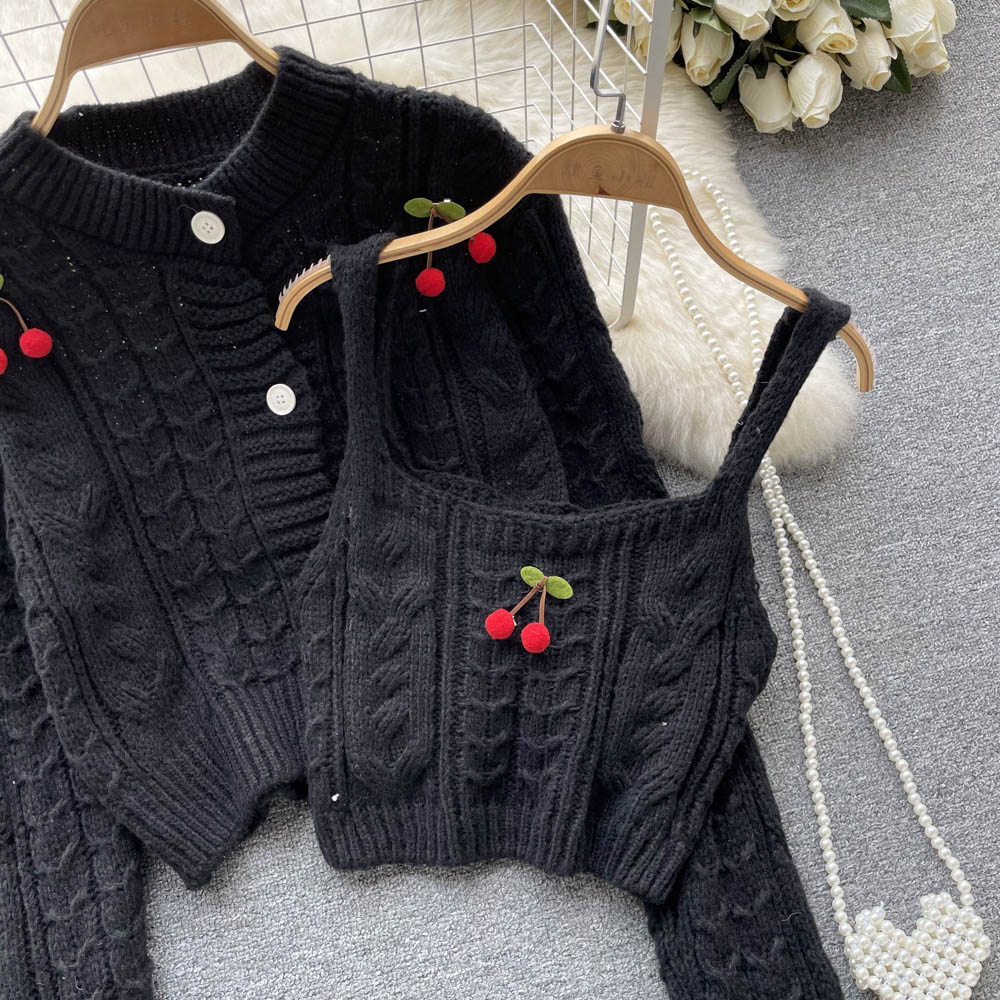 Cherry Knitted Cardigan&Camisole 2Pcs Set