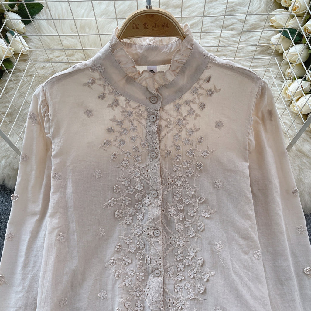 Flared Sleeve Solid Color Embroidered Shirt