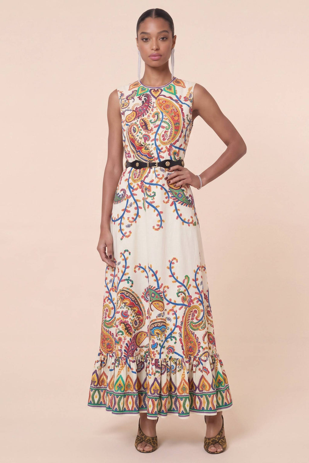 Colorful Cashew Flower Sleeveless Waist Ruffled Long Dress