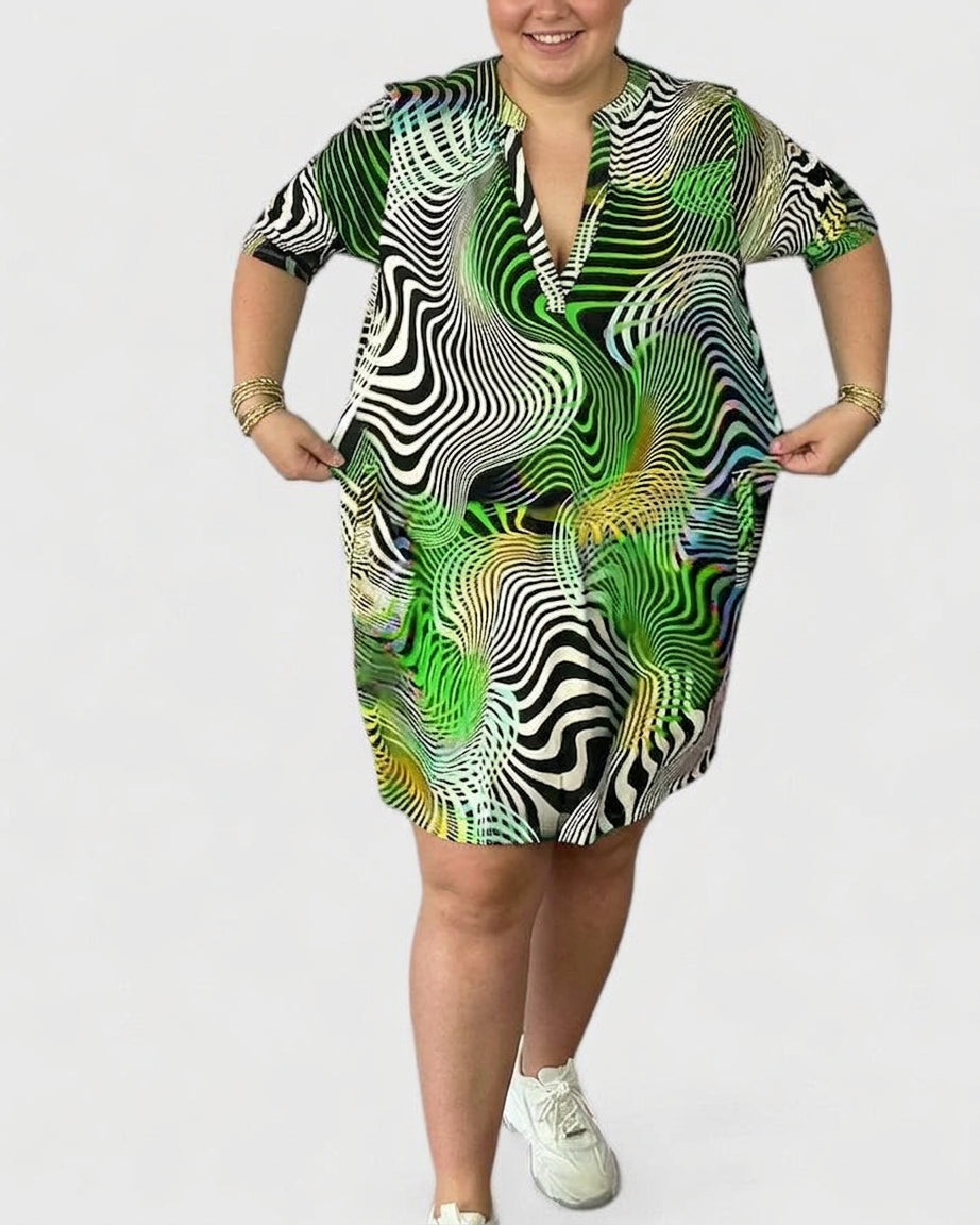Aaliyah | V-Neck Half-Sleeve Mini Dress, Psychedelic Print