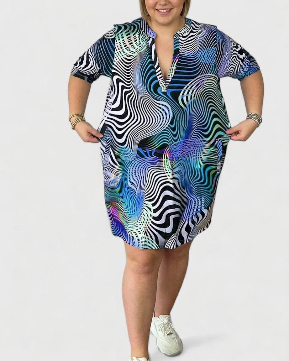 Aaliyah | V-Neck Half-Sleeve Mini Dress, Psychedelic Print