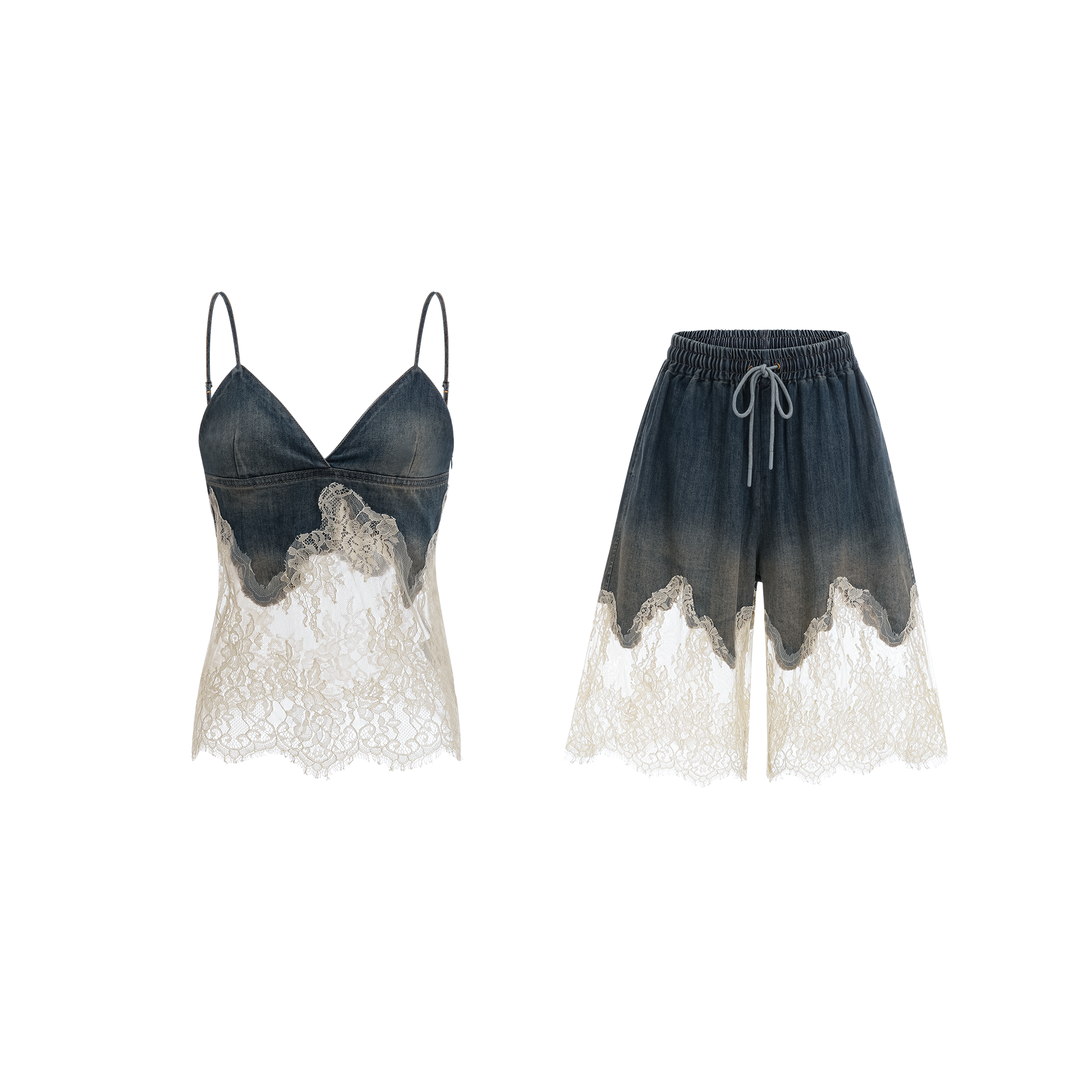 Laure Lace-Detail Denim Top & Shorts Matching Set