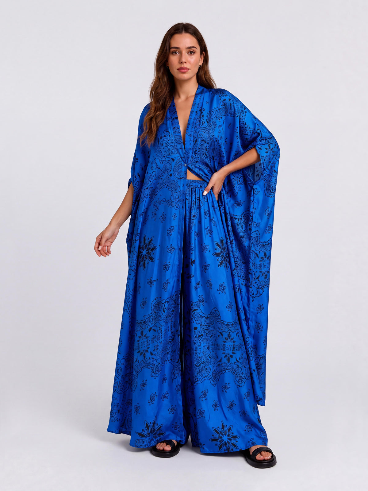 Paisley Print Two-Piece Set / Batwing Deep-V Kaftan Top With Wide-Leg Pants Set / Resort Wear Beach Set