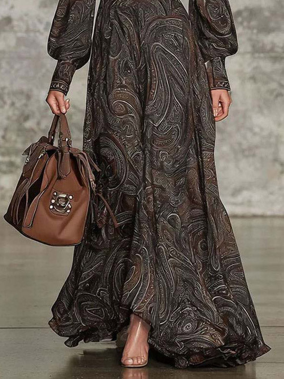 Retro Paisley Print Zipper Maxi Dress
