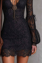 High Neck Keyhole Puff Long Sleeve Lace Bodycon Mini Dress
