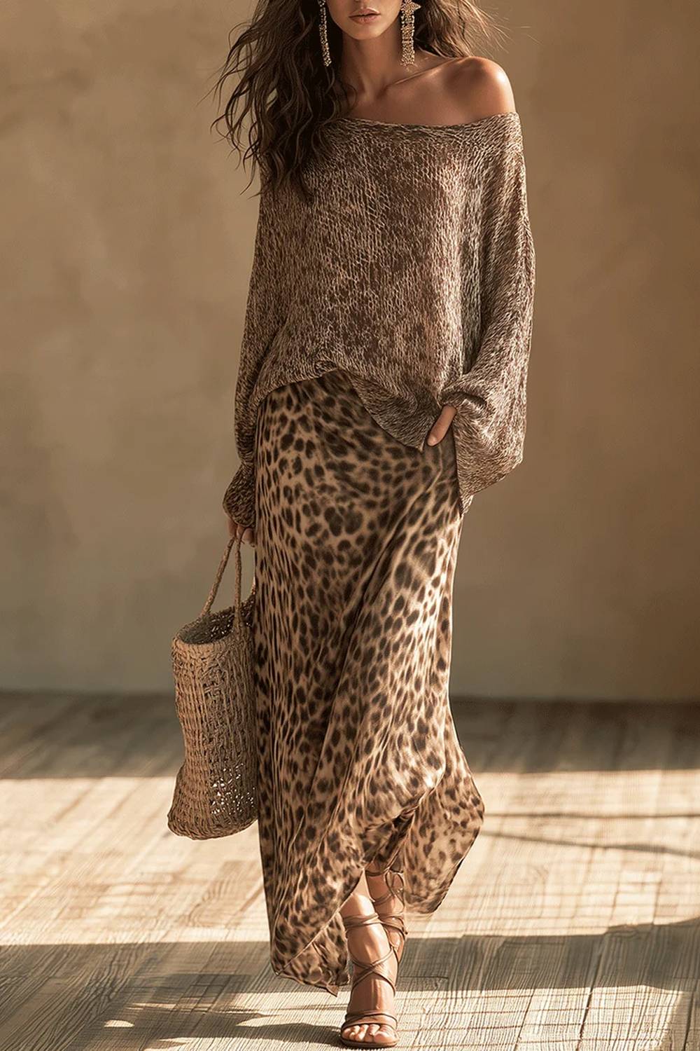 Two-piece Off-shoulder Loose Knit Top Leopard Print Half-length Dress