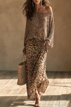 Two-piece Off-shoulder Loose Knit Top Leopard Print Half-length Dress