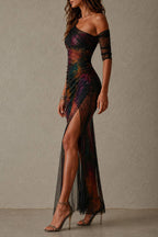 One‑Shoulder Mismatched Sleeve Tie‑Dye Ruched Slit Mesh Maxi Dress