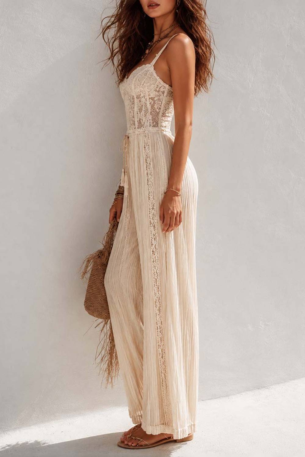 Spaghetti Strap Floral Lace Drawstring Waist Wide‑Leg Boho Jumpsuit