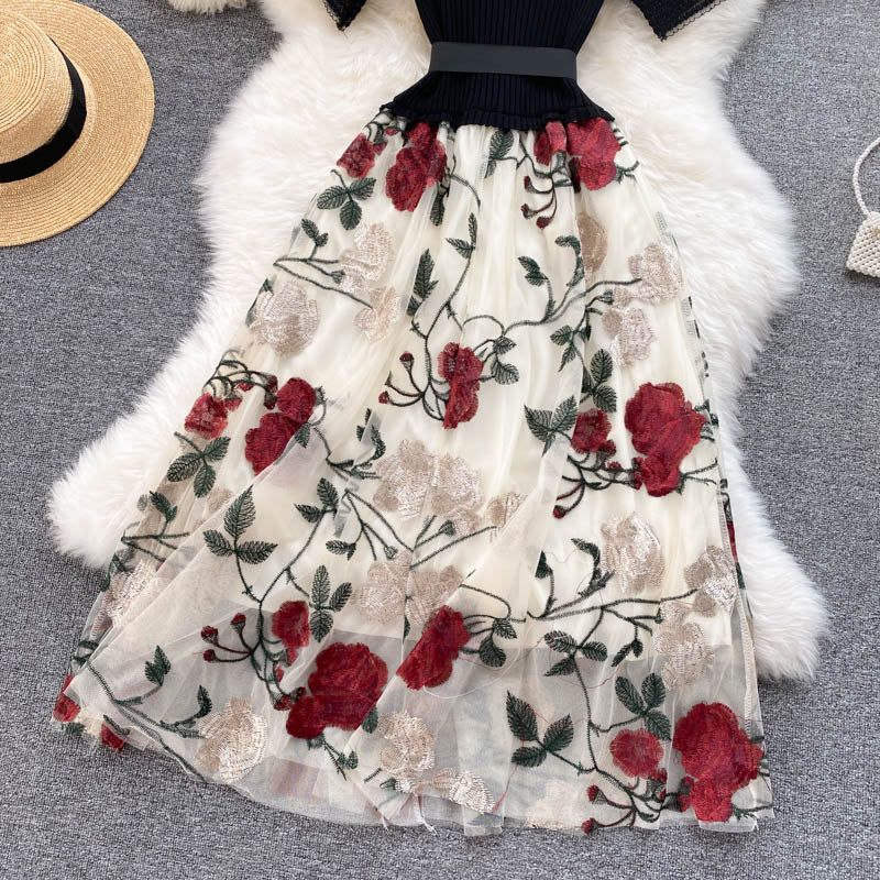 Embroidered Mesh Stitching Knitted Dress