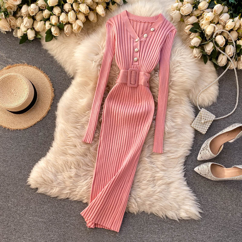 Belted Waist Long Sleeve Dress