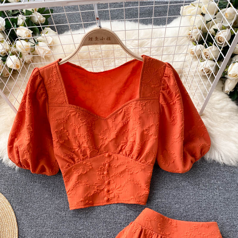 Two-piece Puff Sleeve Short Top And Skirt