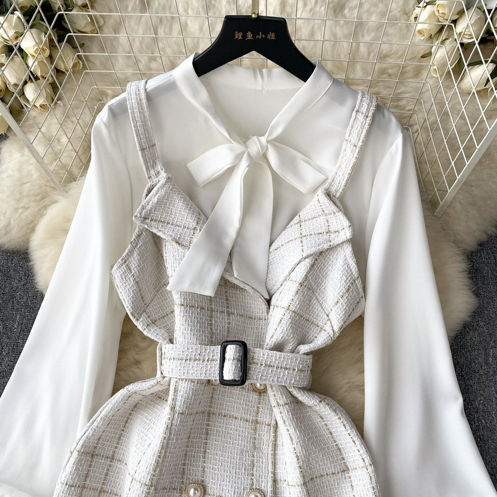 Bow-tie Plaid Dress&Skirt 2Pcs