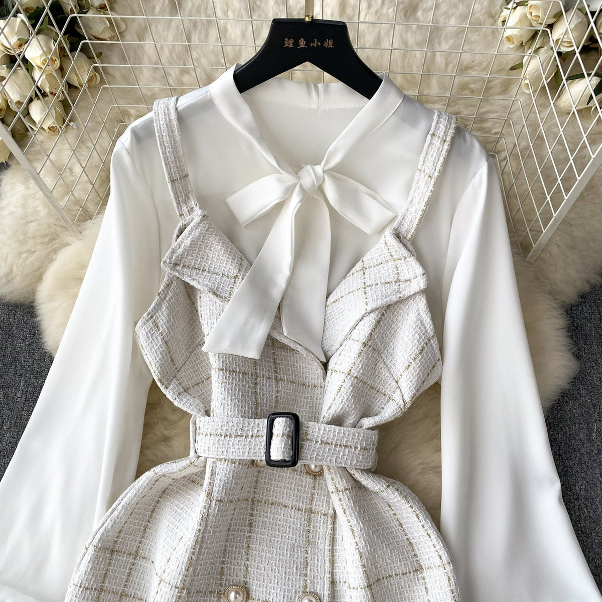 Bow-tie Plaid Dress&Skirt 2Pcs