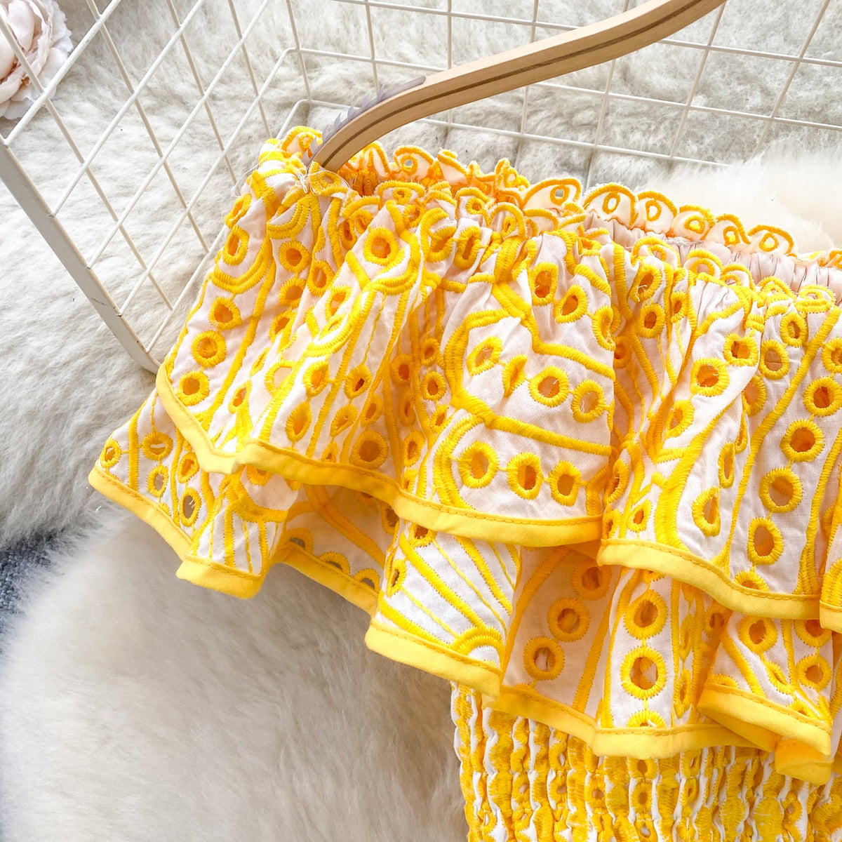 Ruffled Top&Skirt Hollowed Embroidered 2Pcs