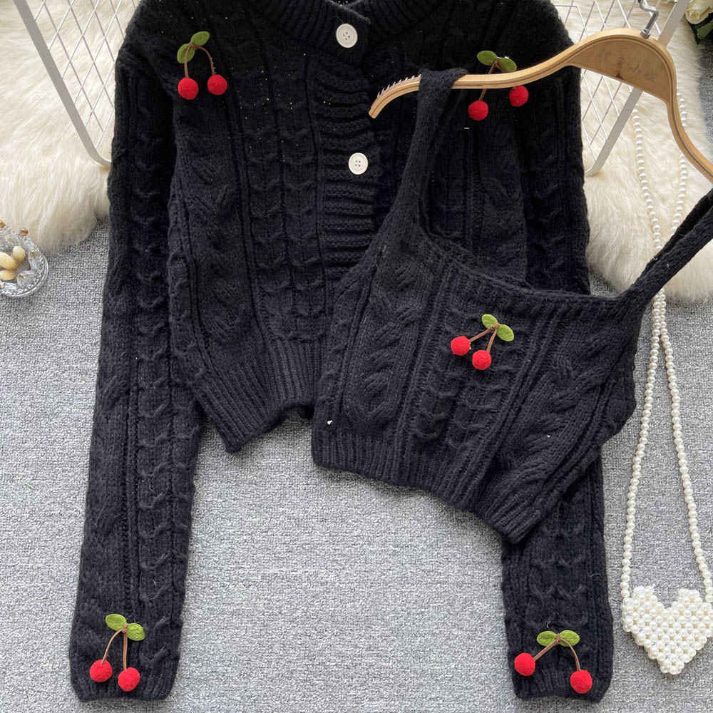 Cherry Knitted Cardigan&Camisole 2Pcs Set