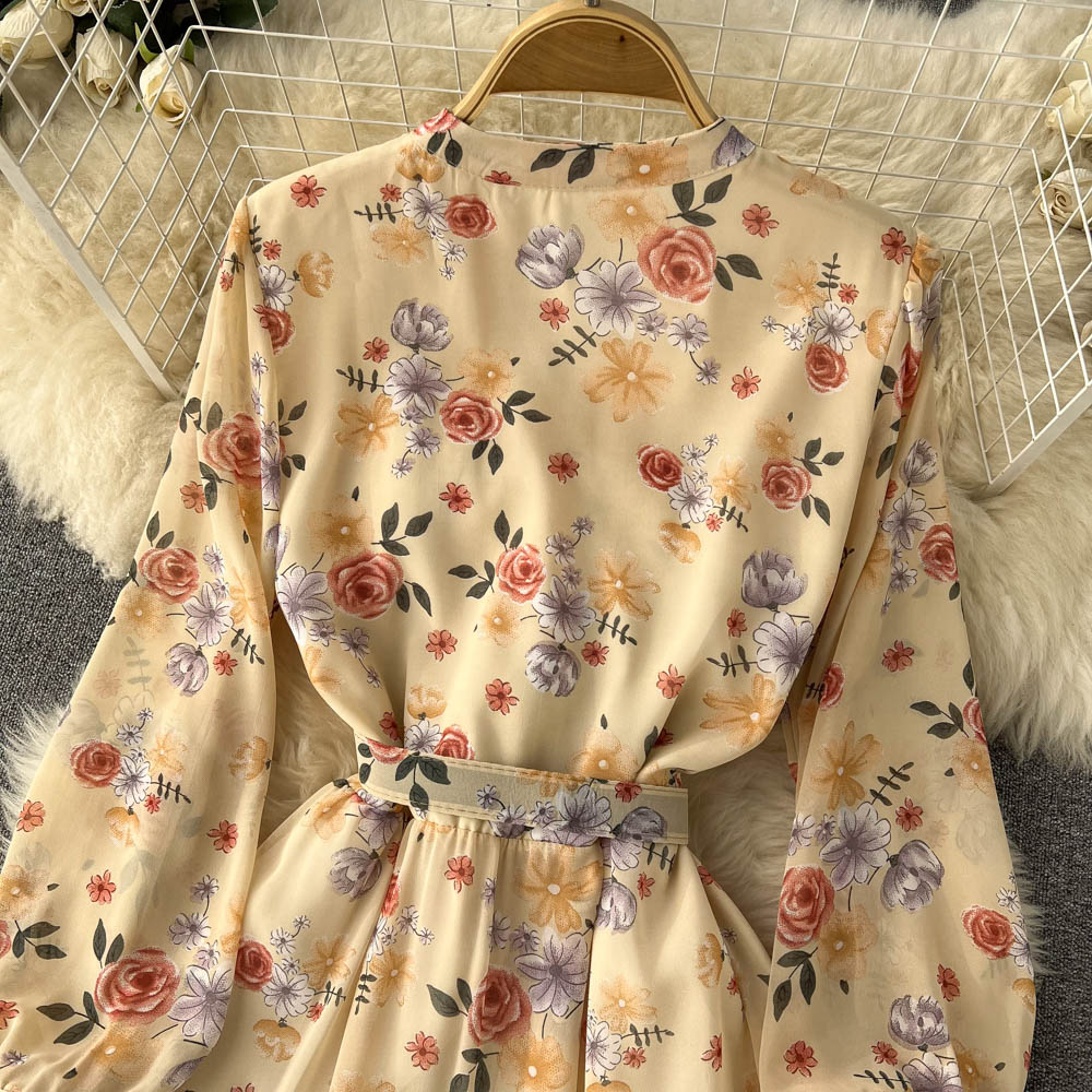 V-neck Chiffon Floral Long-sleeve Dress