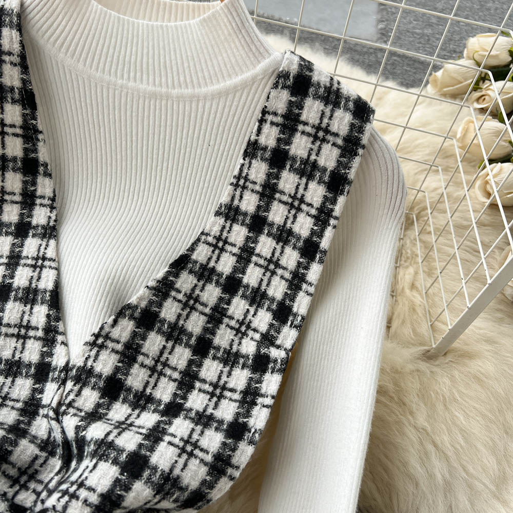 Bottom Sweater&Houndstooth Strappy Dress 2Pcs