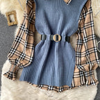 Two-piece Tartan Shirt Split Knit Vest