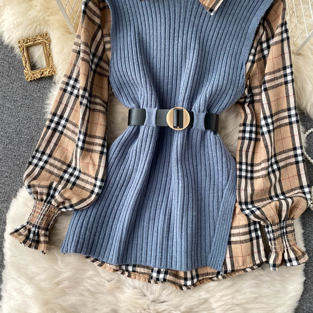 Two-piece Tartan Shirt Split Knit Vest