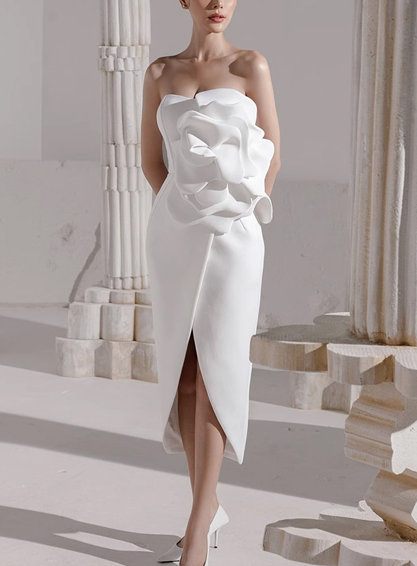 Penrose Strapless Dress With Floral Embellishments In White