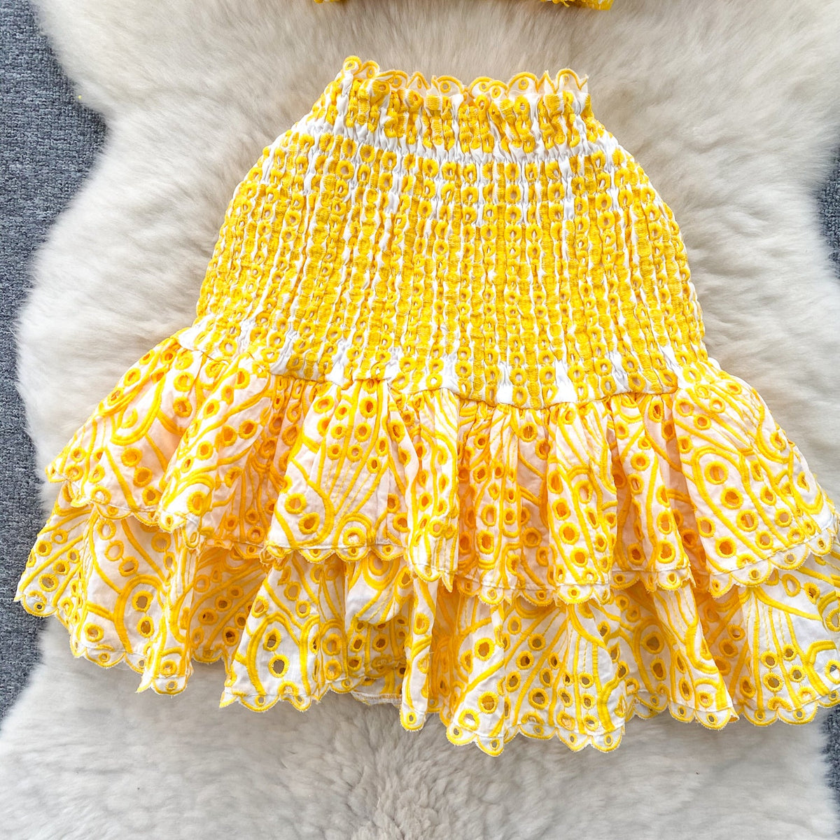 Ruffled Top&Skirt Hollowed Embroidered 2Pcs