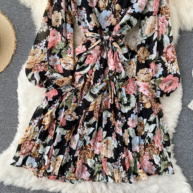 V-neck Waistband Ruffle Dress