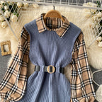 Two-piece Tartan Shirt Split Knit Vest