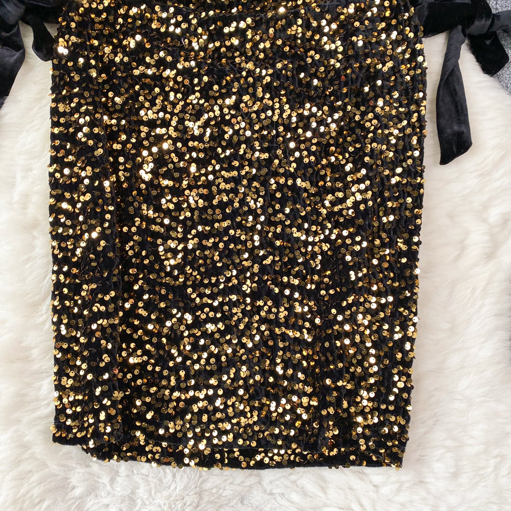 Elegant Sequin Patchwork Velvet Dress