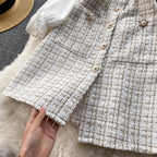 Bow-tie Tweed White Shirt&Plaid Dress