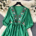 Bohemian Embroidered Drawstring Floral Dress