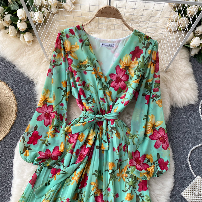 V-neck Waistband Ruffle Dress