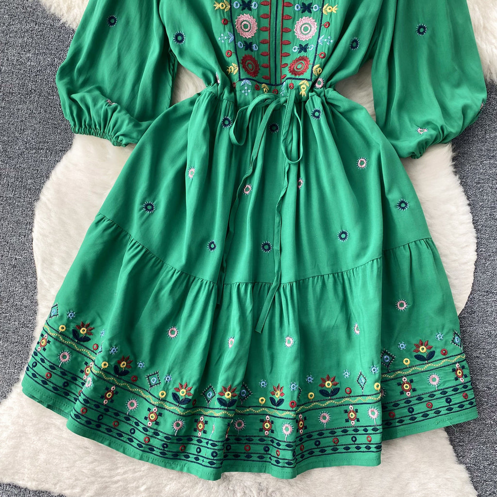 Bohemian Embroidered Drawstring Floral Dress