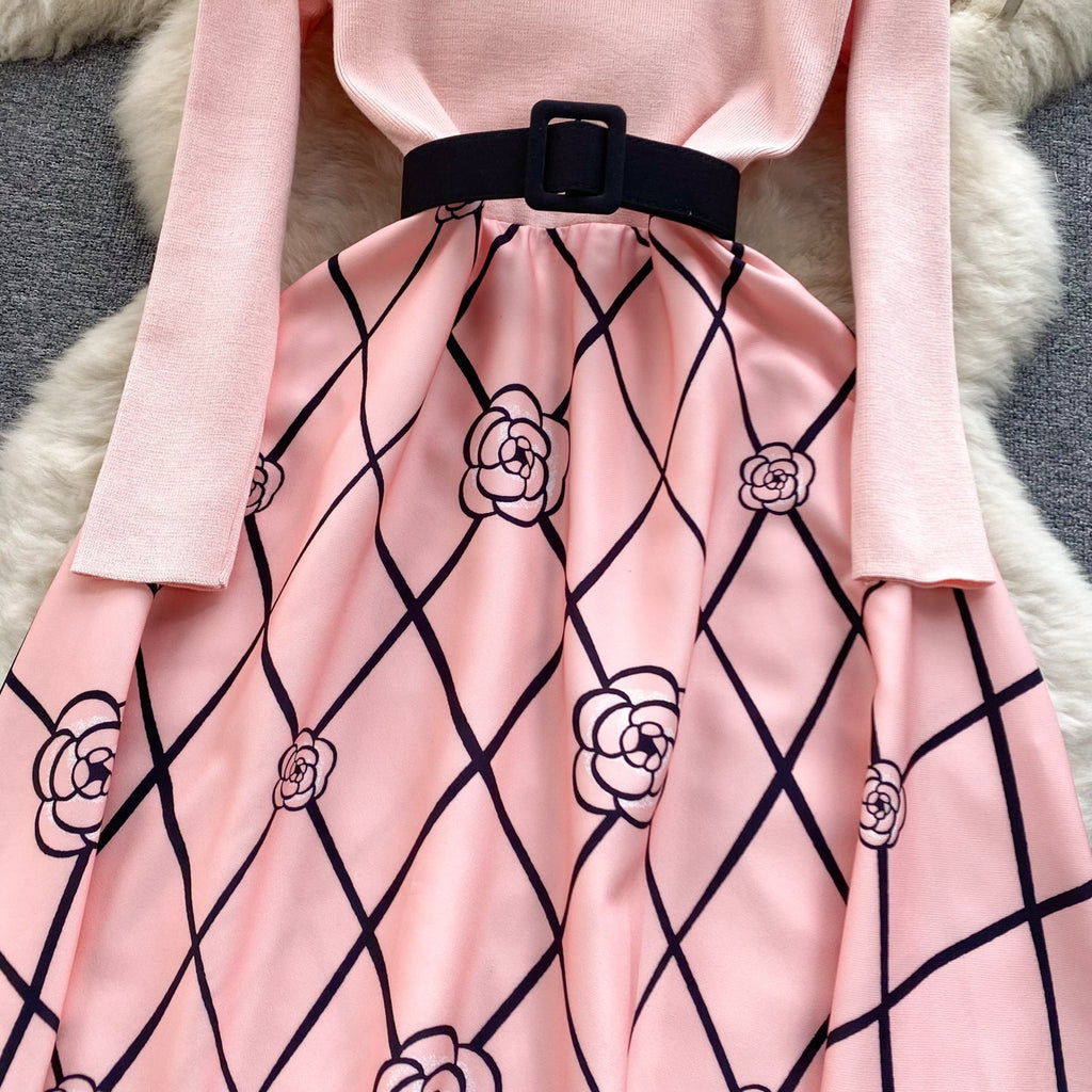 Faux Two-pieces Rhomboid Printed Dress
