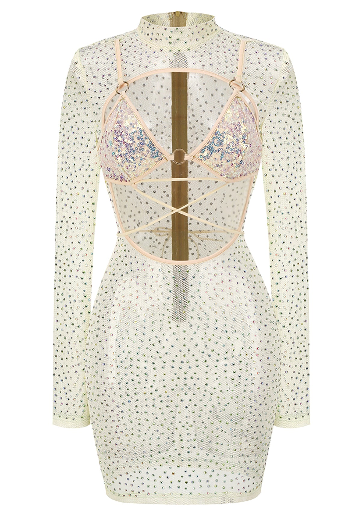 Laurinete Long Sleeve Sequin Crystal Mini Dress In Ivory