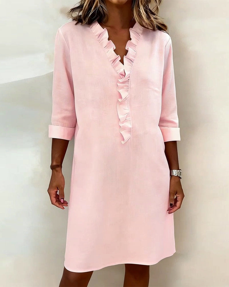 Ruffled V-Neck Solid Dress