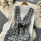 Bottom Sweater&Houndstooth Strappy Dress 2Pcs