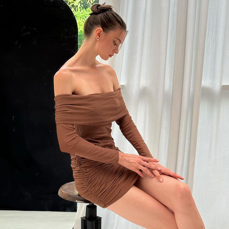Off-shoulder Pleated Mesh Dress