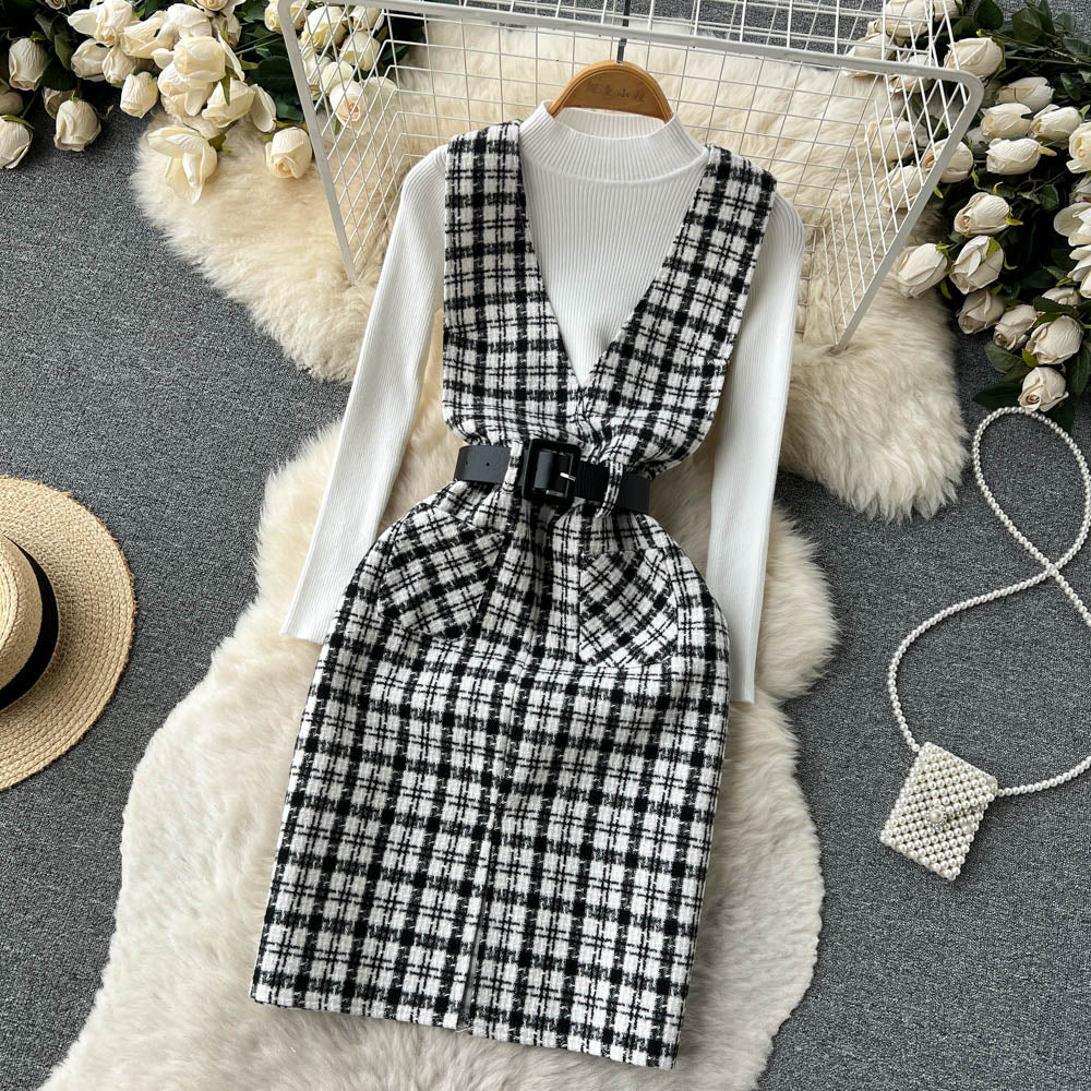 Bottom Sweater&Houndstooth Strappy Dress 2Pcs