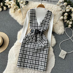 Bottom Sweater&Houndstooth Strappy Dress 2Pcs