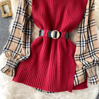 Two-piece Tartan Shirt Split Knit Vest