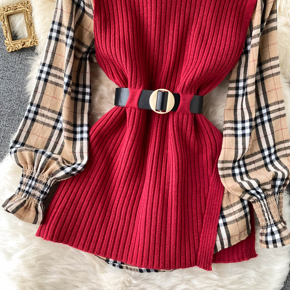 Two-piece Tartan Shirt Split Knit Vest