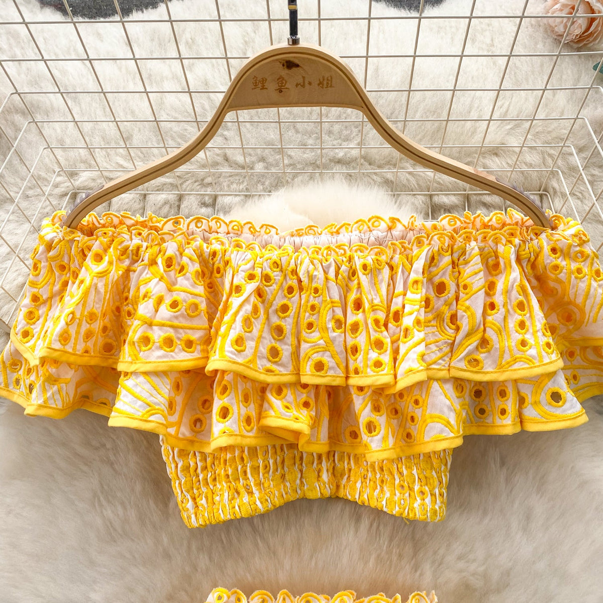 Ruffled Top&Skirt Hollowed Embroidered 2Pcs