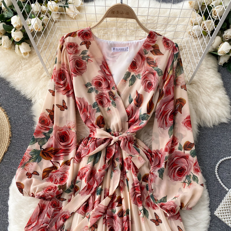 V-neck Waistband Ruffle Dress