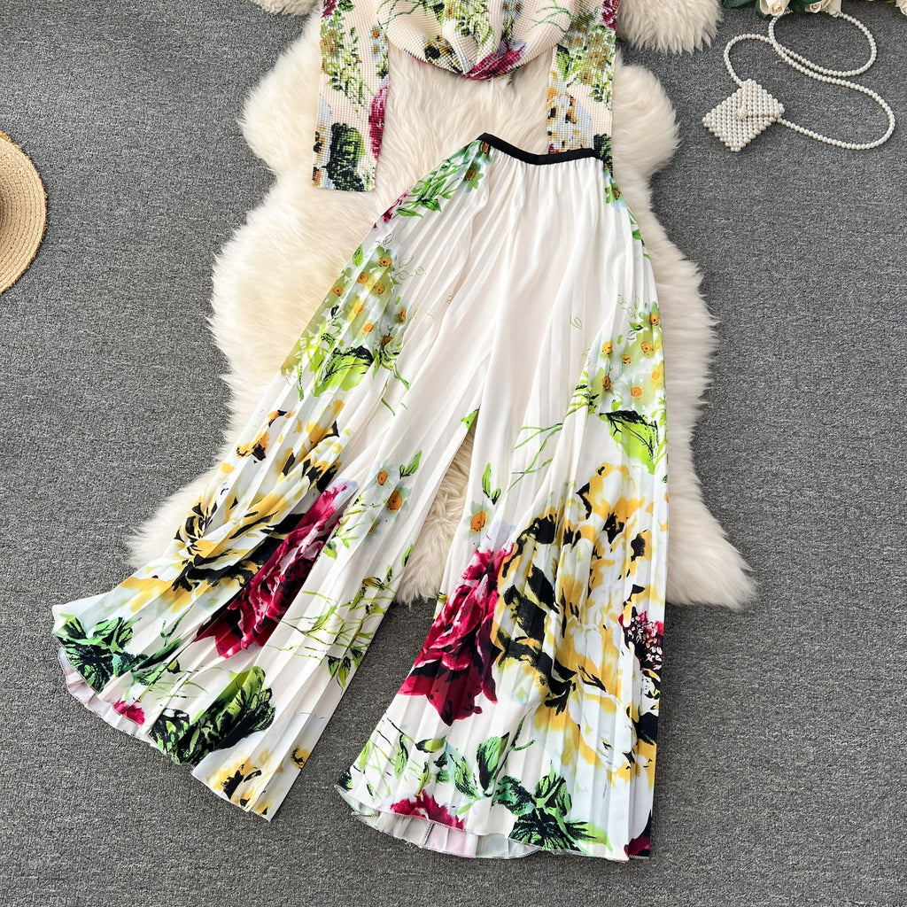 Pleated Knitwear&Wide-leg Trousers Printed 2Pcs