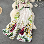 Pleated Knitwear&Wide-leg Trousers Printed 2Pcs